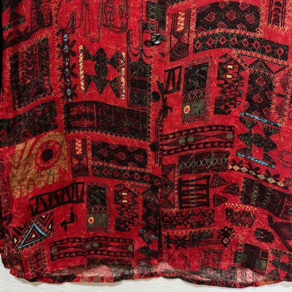 Chico's Size 1 US 8 Tunic Top Linen Aztec Southwest Button Front Red Tortoise Bu - Picture 3 of 11
